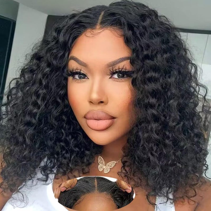 Srakuw Wear and Go Glueless Wigs Human Hair Pre Plucked Pre Cut Lace Front Wigs for Black Women 180 Density Water Wave Bob Wig Human Hair Curly Wig 14 Inch