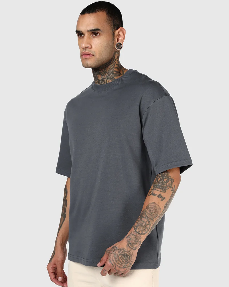 bewakoof Men's Dark Shadow Grey Oversized T-shirt