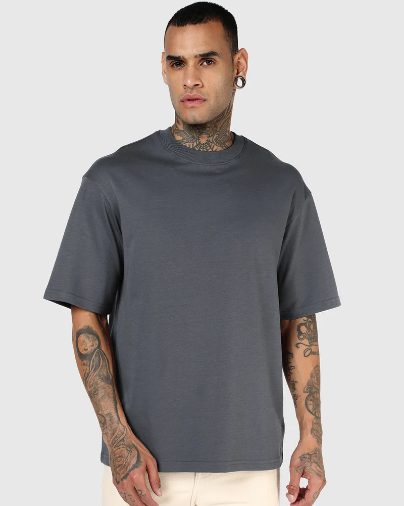 bewakoof Men's Dark Shadow Grey Oversized T-shirt