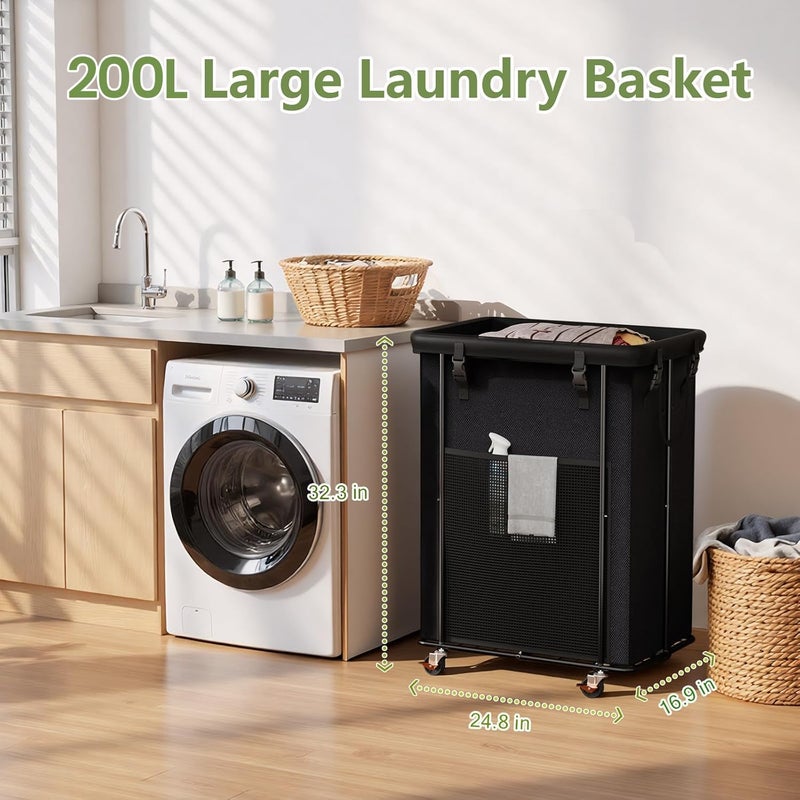 Olldide 200L Laundry Hamper with Wheels, Rolling Laundry Basket with Metal Frame and Removable Bag, Large & Tall Dirty Clothes Hampers for Bedroom Aesthetic, Laundry Room, Bathroom, Dorm-Black - Image 2