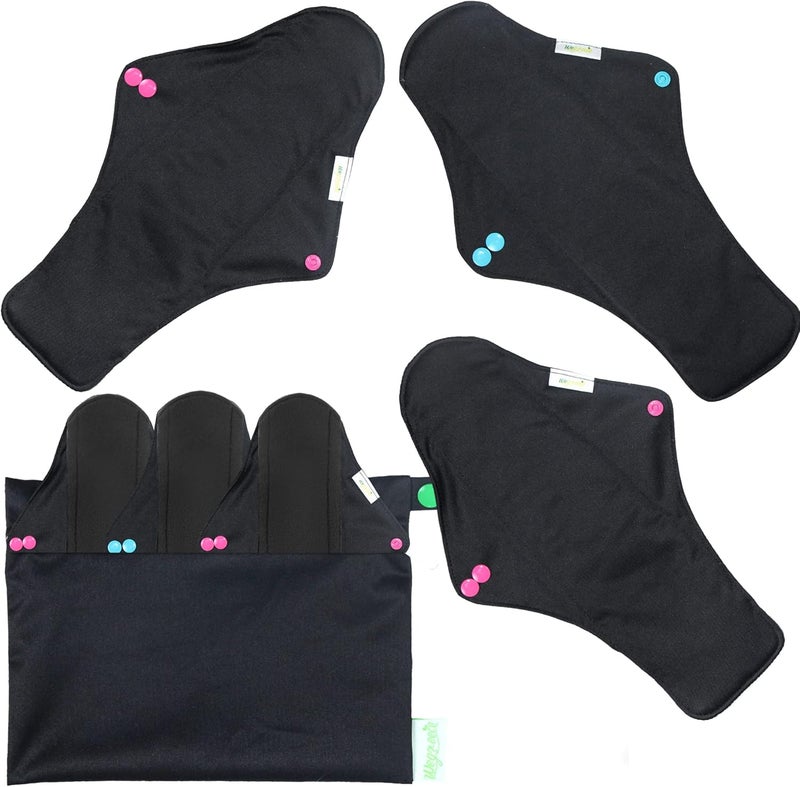 wegreeco Reusable Menstrual Pads - Reusable Sanitary Pads | Reusable Panty Liners | Soft Cloth Menstrual Pads - 6 Pack with 1 Cloth Mini Wet Bag (X-Large, Black)