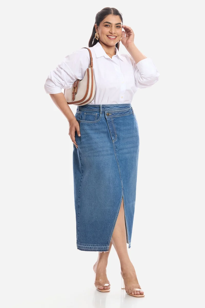 فيرجيو Solid Cotton Asymmetrical Midi Plus Size Skirt for Women