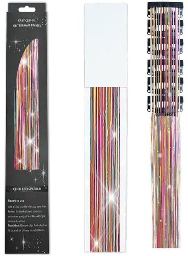 Hair Tinsel Pack of 12 Pcs Clip in Hair Tinsel 20 Inch Colorful Glitter Tinsel Hair Extensions Tinsel Fairy Hair Party Dazzle Hair Accessories Strands Kit for Women Girls Kids(12Pcs,Multicolor) - Image 5