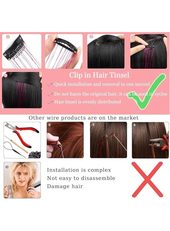 Hair Tinsel Pack of 12 Pcs Clip in Hair Tinsel 20 Inch Colorful Glitter Tinsel Hair Extensions Tinsel Fairy Hair Party Dazzle Hair Accessories Strands Kit for Women Girls Kids(12Pcs,Multicolor) - Image 3