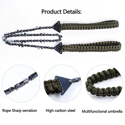 Sucrain Pocket Chainsaw with Paracord Handle, Folding Chain Hand Saw, Emergency Outdoor Survival Gear for Camping, Hunting, Hiking, Cutting Wood & Tree (Army Green, 11 Teeth, 24'' Long) - Image 3