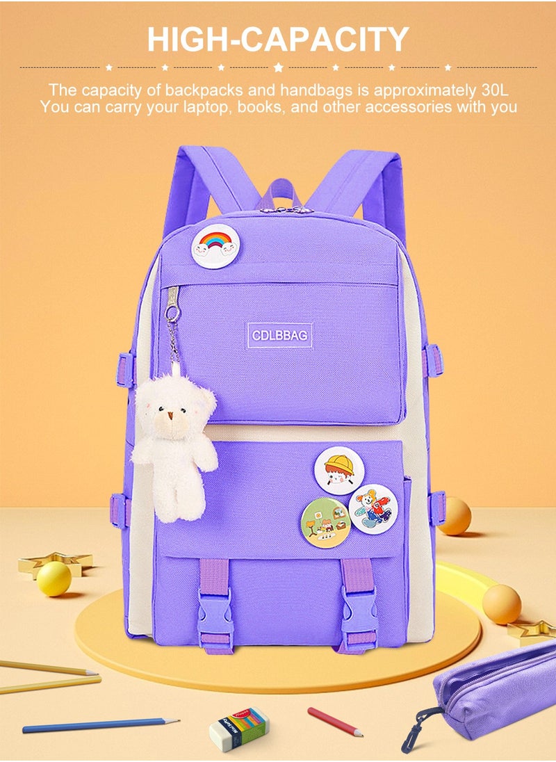 URbazaar School Bag for Girls 4Pcs Kawaii Cute Backpack Set with Pendant Lunch Bag, Pencil Case, Handbag for Teen Girls School Backpack  - Image 3