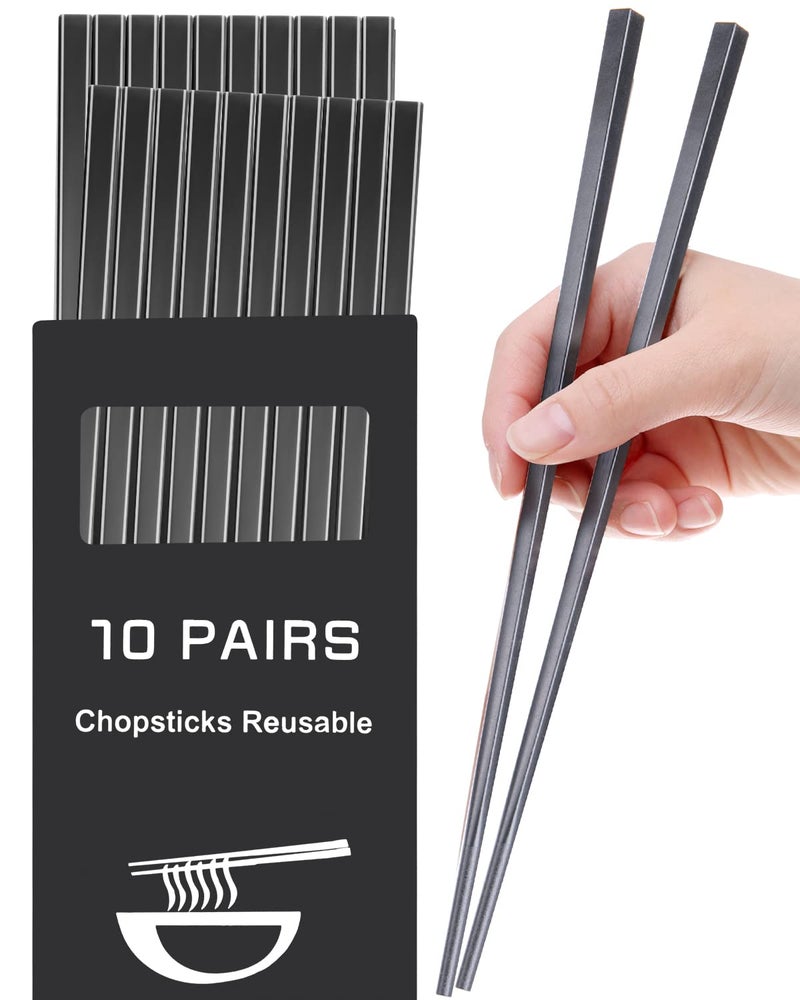 Chopsticks Liangken 10 Pairs Dishwasher Safe Fiberglass Chopsticks Set 9.5 Inch Reusable Japanese Chinese Chopsticks   Non-Slip  Easy To Use (Colorful ) (9.5 Inch  Pure Black)