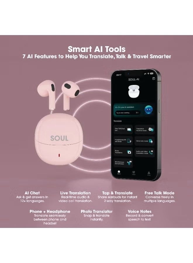 إكسيل سماعات أذن Xcell SOUL-AI الذكية للترجمة - ترجمة فورية للمكالمات والفيديو بأكثر من 160 لغة، مساعد ذكاء اصطناعي، ترجمة الصور والصوت، صوت عالي الجودة بتقنية بلوتوث 5.4، بطارية تدوم 6 ساعات، (لون وردي) - Image 4
