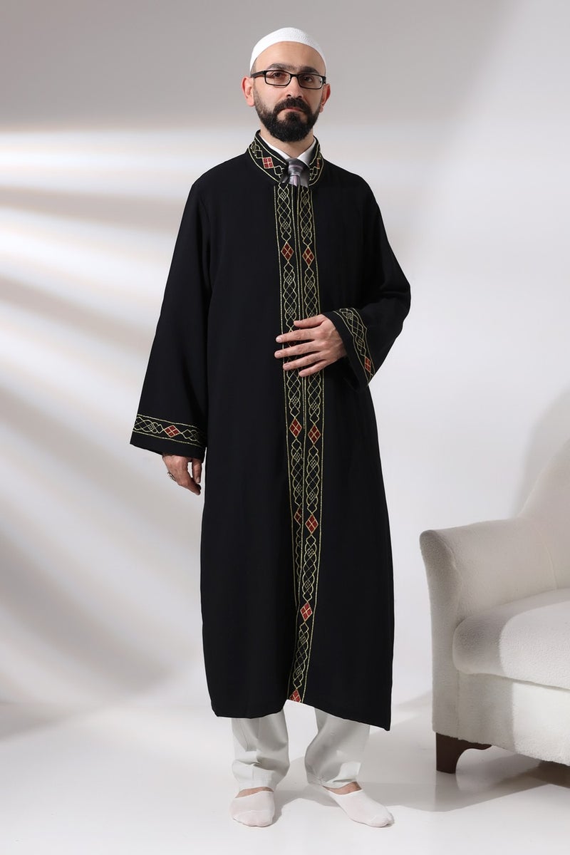 ihvanonline Black Men's Prayer Dress Pattern Embroidered Judge Collar Imam Robe - Image 5