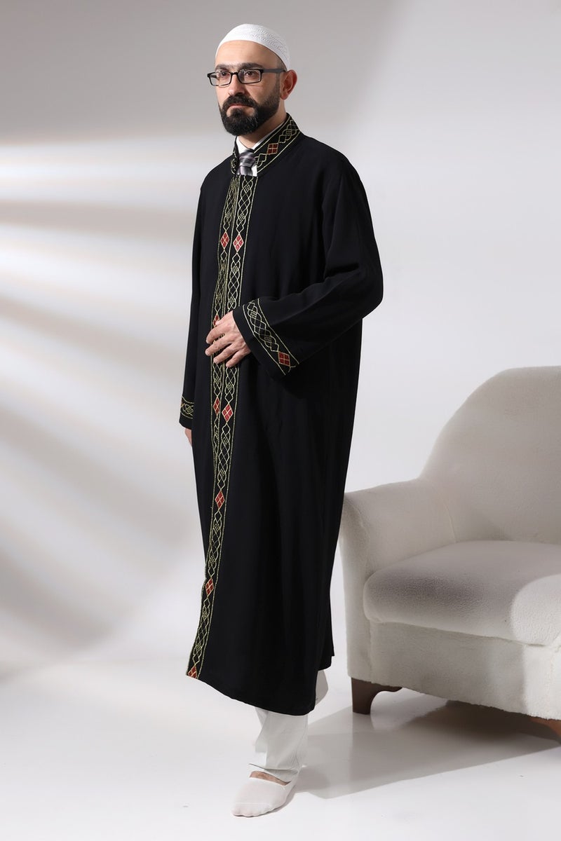 ihvanonline Black Men's Prayer Dress Pattern Embroidered Judge Collar Imam Robe - Image 3
