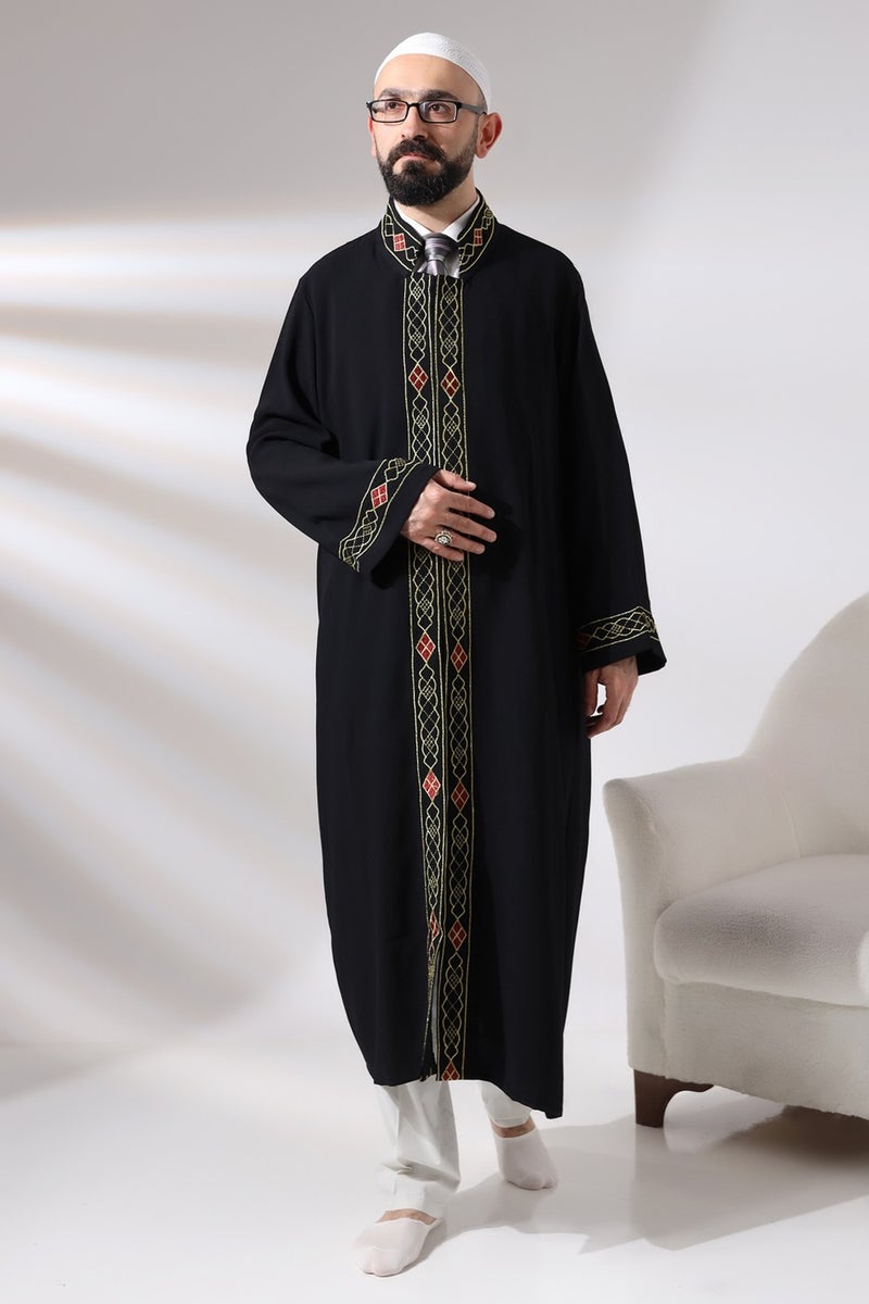 ihvanonline Black Men's Prayer Dress Pattern Embroidered Judge Collar Imam Robe - Image 4