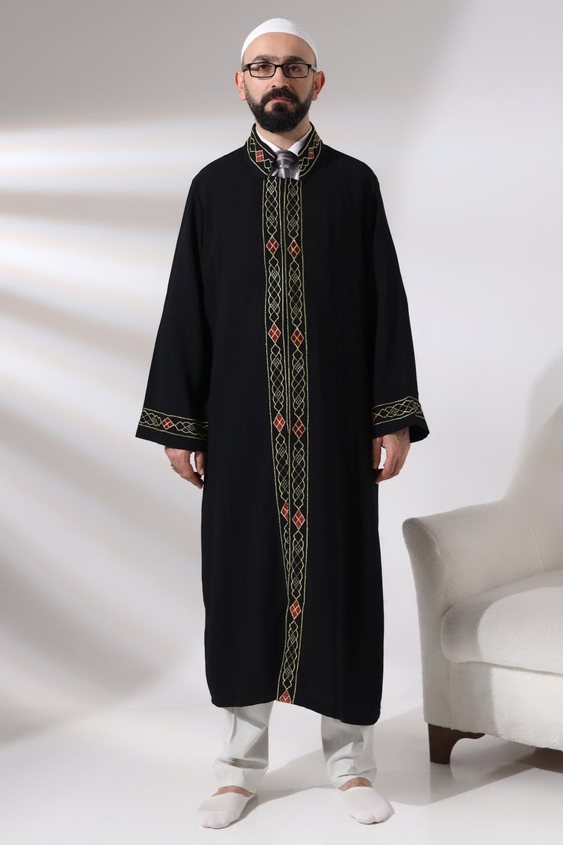 ihvanonline Black Men's Prayer Dress Pattern Embroidered Judge Collar Imam Robe - Image 1