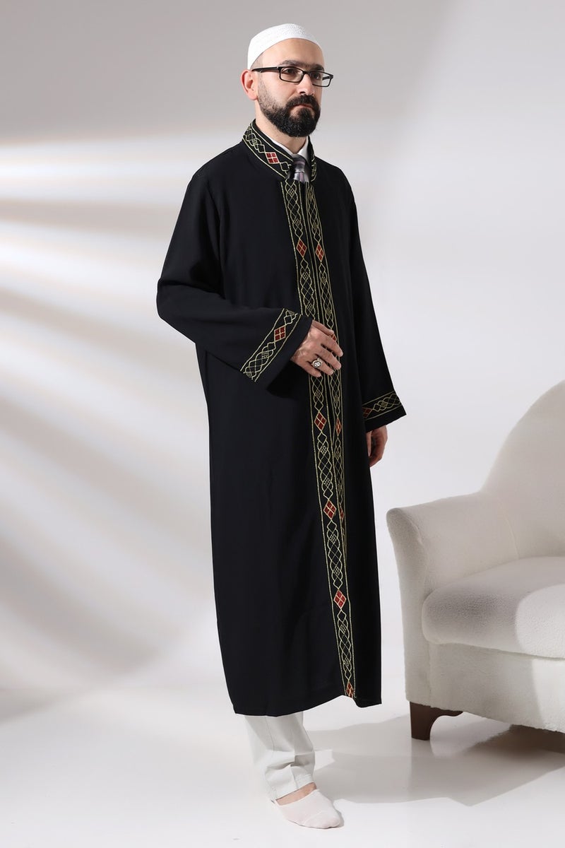 ihvanonline Black Men's Prayer Dress Pattern Embroidered Judge Collar Imam Robe - Image 2