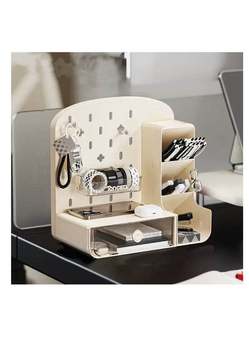 CityRiya-Long Trendy Multifunctional Desktop Organizer,Pegboard Hanging Design and Open Shelves  Drawers,Pen Holder, Makeup Cosmetics & Stationery Storage,Perfect for Bedroom Desks, Vanity Tables & Study Spaces | Space-Saving Solution for Dorms & Small Rooms（White） - Image 1