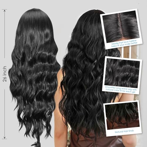SHINLEA Black Wig for Women, 26 Inch Long Wavy Lace Hairline Middle Part Natural Looking Synthetic Heat Resistant Fiber Wigs for Daily, Party, Halloween and Cosplay, Black - Image 4