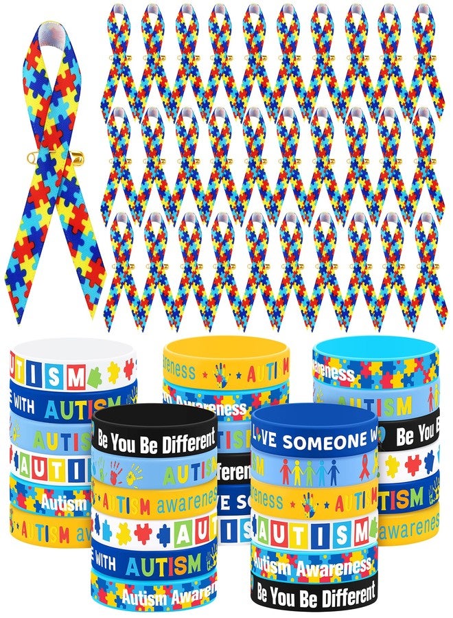 Aodaer 240 PCS Autism Awareness Event Supplies Bulk Pack Motivational Colorful Silicone Wristbands and Puzzle Pieces Ribbon Pins for Party Favor Gift Supplies - Image 1