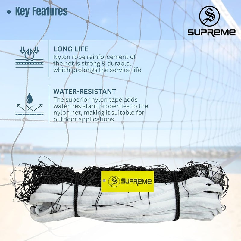 SUPREME شبكة كرة الطائرة نايلون (شريط 4 جوانب) 10 شبكة، ثقيلة (عبوة من 1) شبكة كرة الطائرة (أسود، أبيض) - Image 3