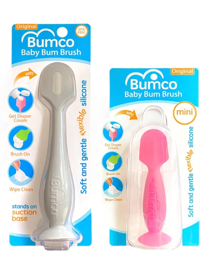 Baby Bum Brush Baby Bum Brush Bumco 2-PACK Diaper Cream Spatula - FULL-SIZE + MINI with TRAVEL CASE - Diaper Cream Applicator for Baby - Baby Necessities - Suitable for Aquaphor, Desitin - Gray & Pink  - Image 1