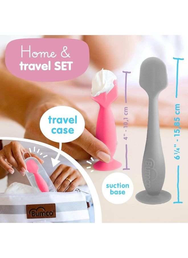 Baby Bum Brush Baby Bum Brush Bumco 2-PACK Diaper Cream Spatula - FULL-SIZE + MINI with TRAVEL CASE - Diaper Cream Applicator for Baby - Baby Necessities - Suitable for Aquaphor, Desitin - Gray & Pink  - Image 3