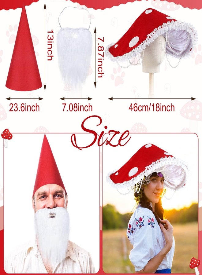 Breathffy 3 Pcs Mushroom Hat Renaissance Medieval and Halloween Gnome Hat Costume Set with White Fake Beards Victorian Fairy Cosplay Accessories with Bead Lace Brim Cap - Image 2
