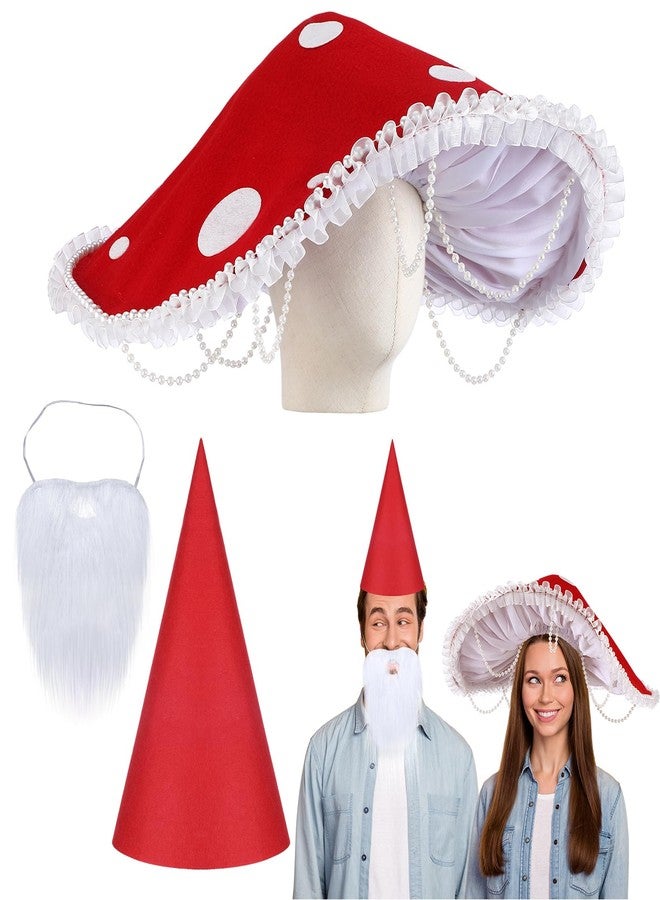 Breathffy 3 Pcs Mushroom Hat Renaissance Medieval and Halloween Gnome Hat Costume Set with White Fake Beards Victorian Fairy Cosplay Accessories with Bead Lace Brim Cap - Image 1