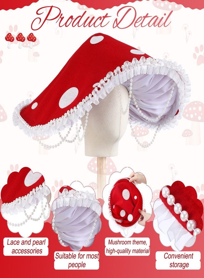 Breathffy 3 Pcs Mushroom Hat Renaissance Medieval and Halloween Gnome Hat Costume Set with White Fake Beards Victorian Fairy Cosplay Accessories with Bead Lace Brim Cap - Image 3