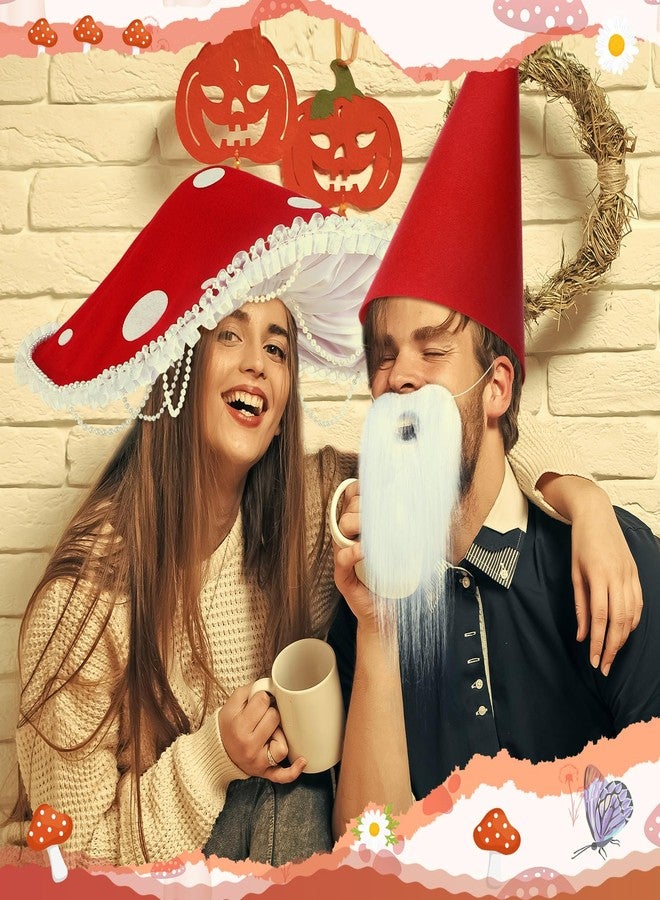 Breathffy 3 Pcs Mushroom Hat Renaissance Medieval and Halloween Gnome Hat Costume Set with White Fake Beards Victorian Fairy Cosplay Accessories with Bead Lace Brim Cap - Image 5