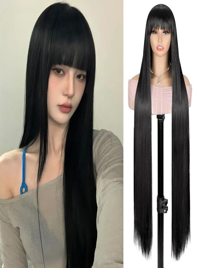 Creamily 40" Long Black Straight Full Head Wigs with Bang for Women | Heat-Resistant Synthetic Hair Wigs for Women with Natural Shine | Extra-Length Hair Wig for Women Ideal for Indian Festivals/Weddings/Daily Use (Black, 40 inch) - Image 1
