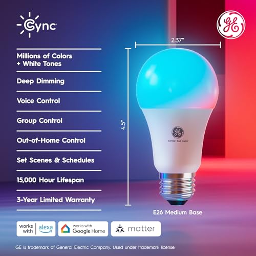 Cync GE A19 LED Smart Light Bulbs, Room Decor Aesthetic Bluetooth and WiFi Color Changing Lights, LED Indoor Light Bulb, Compatible with Alexa and Google (2 Pack) - Image 2