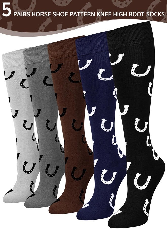 جوارب رجالية مرحة من تشاري، 5 أزواج، بتصميم حذاء رعاة البقر، جوارب طويلة تصل إلى الركبة بنقشة حدوة حصان، هدية غربية رائعة لمحبي الخيول. - Image 2
