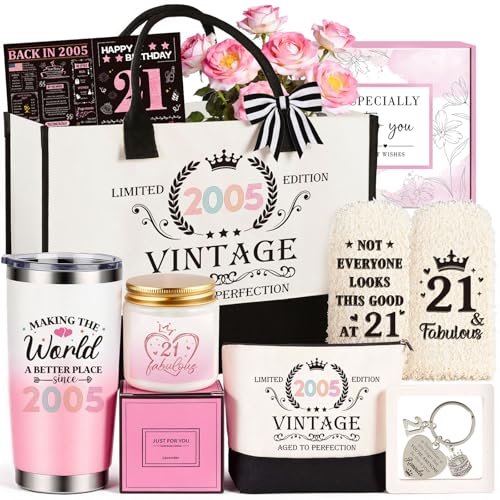 Giftota 21st Birthday Gifts for Her, Vintage 2005 Happy 21st Birthday Gifts Basket for Women Unique Gift Ideas for 21 Year Old Girl, Daughter, Sister, Friend, Niece, Funny Bthday Gift Turning 21 Year Old - Image 1