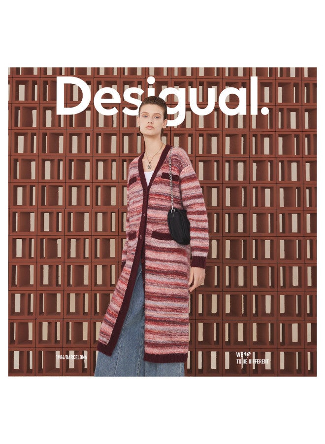 DESIGUAL Knitted Loose Comfortable Festive Red Variegated V-Neck Open Front Long Women'S Coat - Image 3