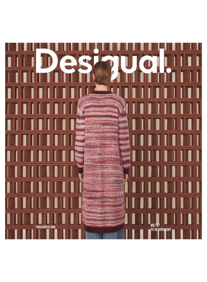 DESIGUAL Knitted Loose Comfortable Festive Red Variegated V-Neck Open Front Long Women'S Coat - Image 5