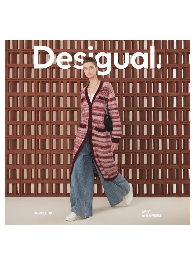 DESIGUAL Knitted Loose Comfortable Festive Red Variegated V-Neck Open Front Long Women'S Coat - Image 2