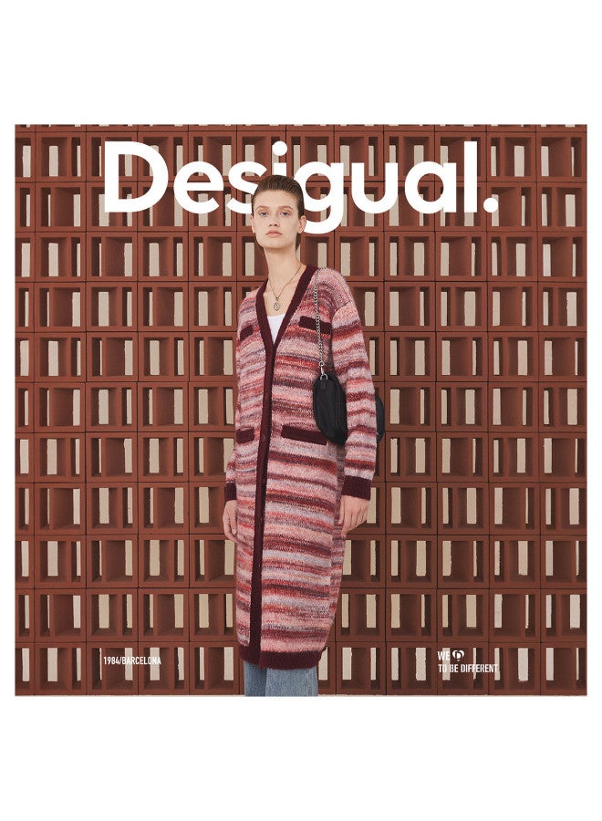DESIGUAL Knitted Loose Comfortable Festive Red Variegated V-Neck Open Front Long Women'S Coat - Image 4