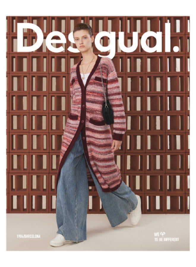 DESIGUAL Knitted Loose Comfortable Festive Red Variegated V-Neck Open Front Long Women'S Coat - Image 1