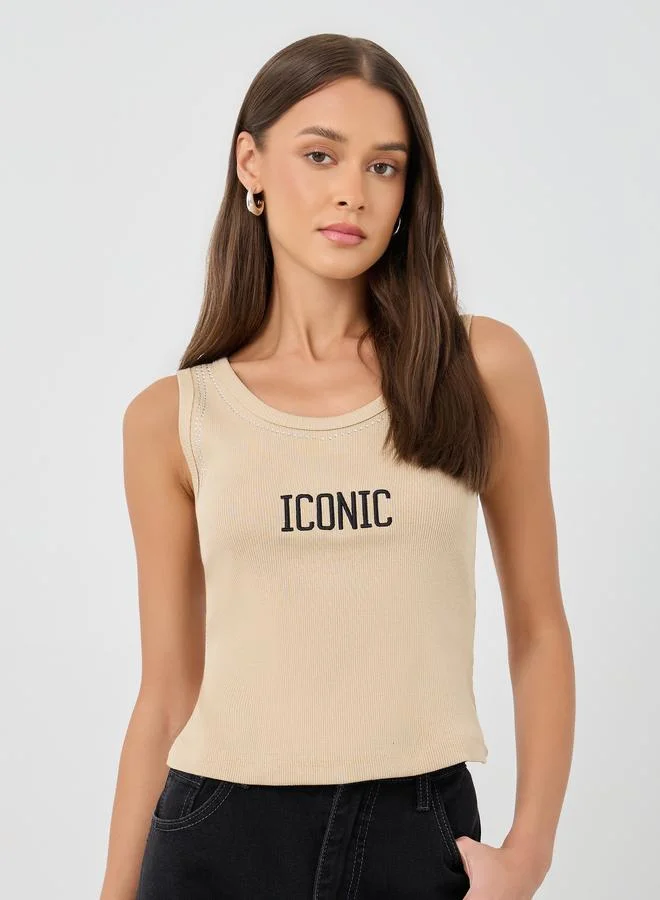 Embroidered Slogan Fitted Round Neck Tank