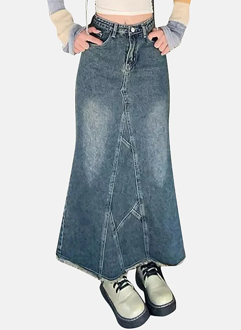 YUNIQEE Blue Denim Solid Maxi Skirt