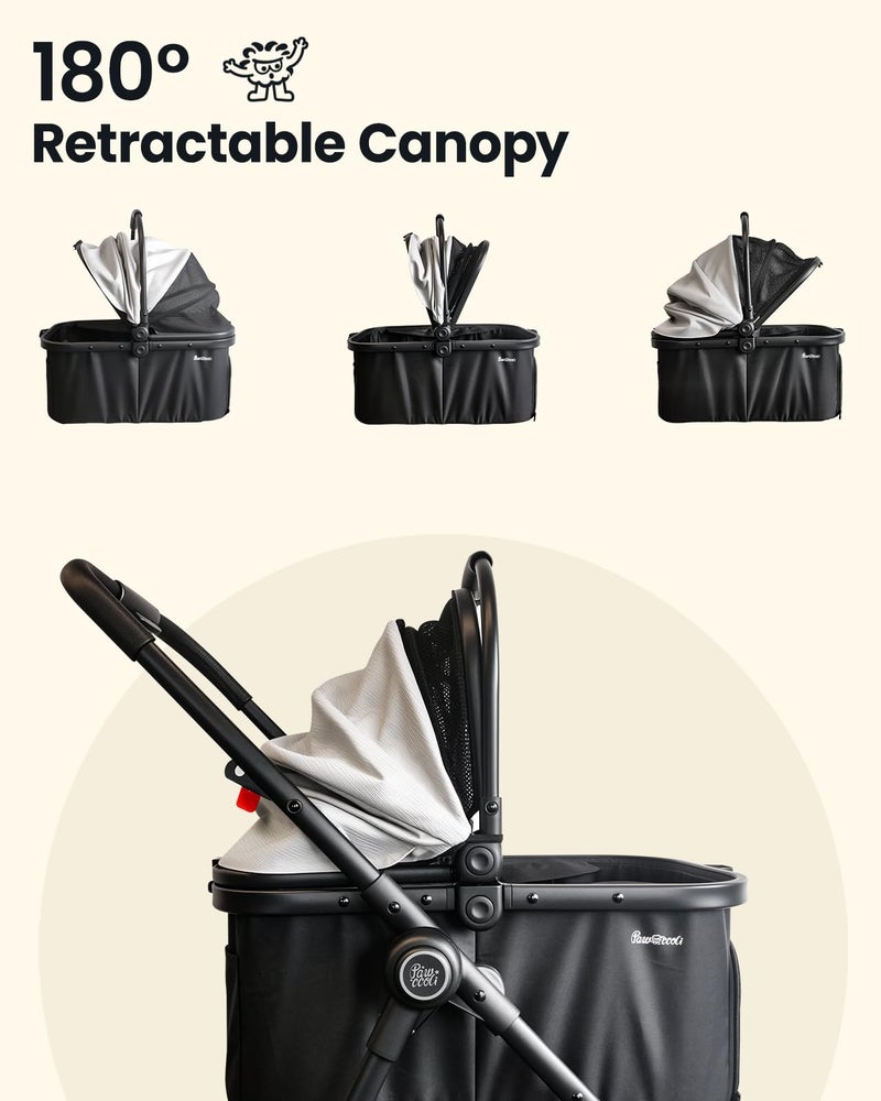 Pawccoli Pet Stroller for Small Dogs and Cats, One-Click Foldable Dog Stroller with Detachable Carrier & 3 Safety Tethers, Holds up to 33 lbs, Storage Basket & Cup Holder, Breathable Mesh, Black - Image 4