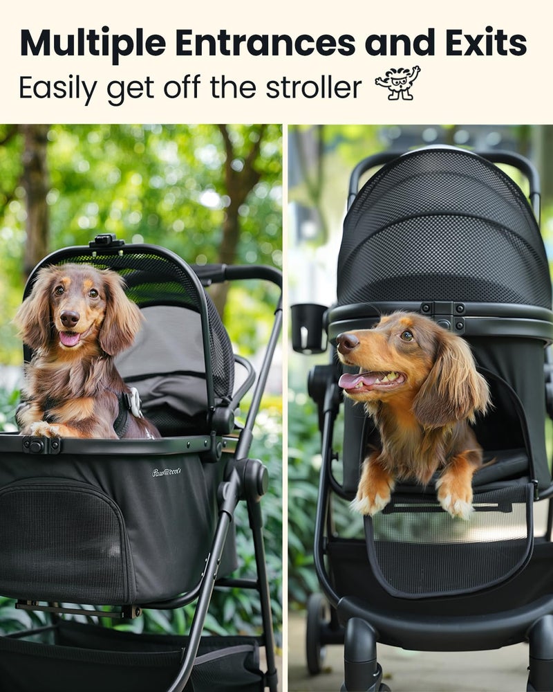 Pawccoli Pet Stroller for Small Dogs and Cats, One-Click Foldable Dog Stroller with Detachable Carrier & 3 Safety Tethers, Holds up to 33 lbs, Storage Basket & Cup Holder, Breathable Mesh, Black - Image 2