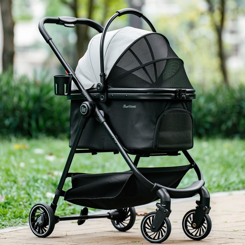 Pawccoli Pet Stroller for Small Dogs and Cats, One-Click Foldable Dog Stroller with Detachable Carrier & 3 Safety Tethers, Holds up to 33 lbs, Storage Basket & Cup Holder, Breathable Mesh, Black - Image 1