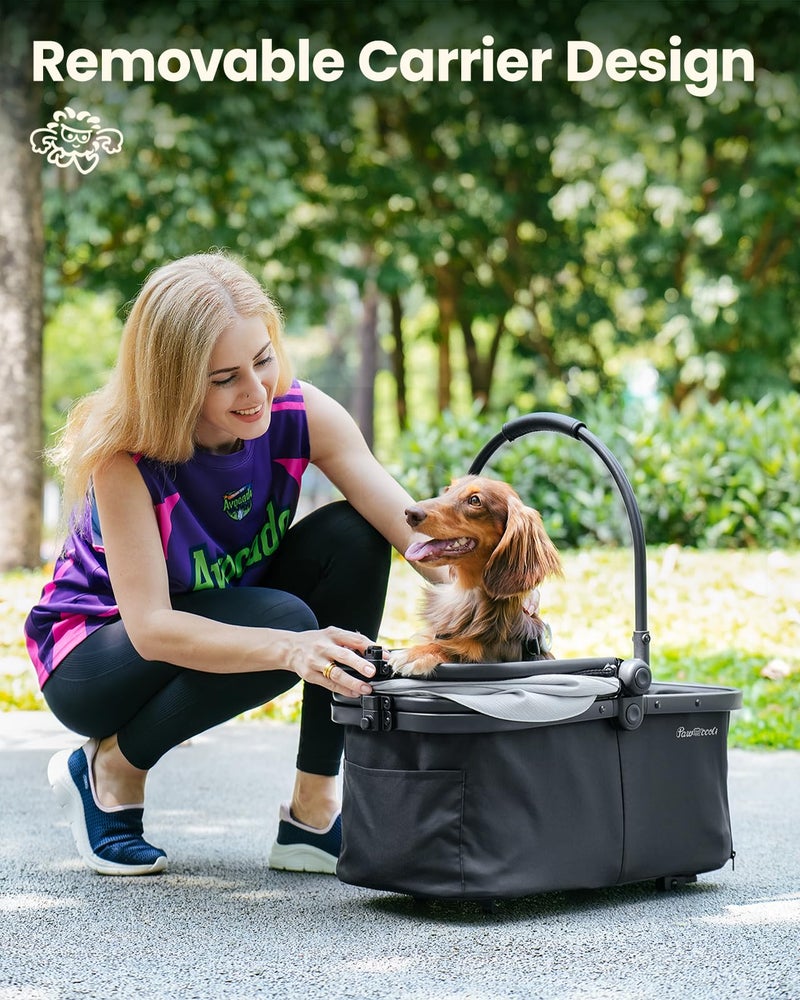Pawccoli Pet Stroller for Small Dogs and Cats, One-Click Foldable Dog Stroller with Detachable Carrier & 3 Safety Tethers, Holds up to 33 lbs, Storage Basket & Cup Holder, Breathable Mesh, Black - Image 3