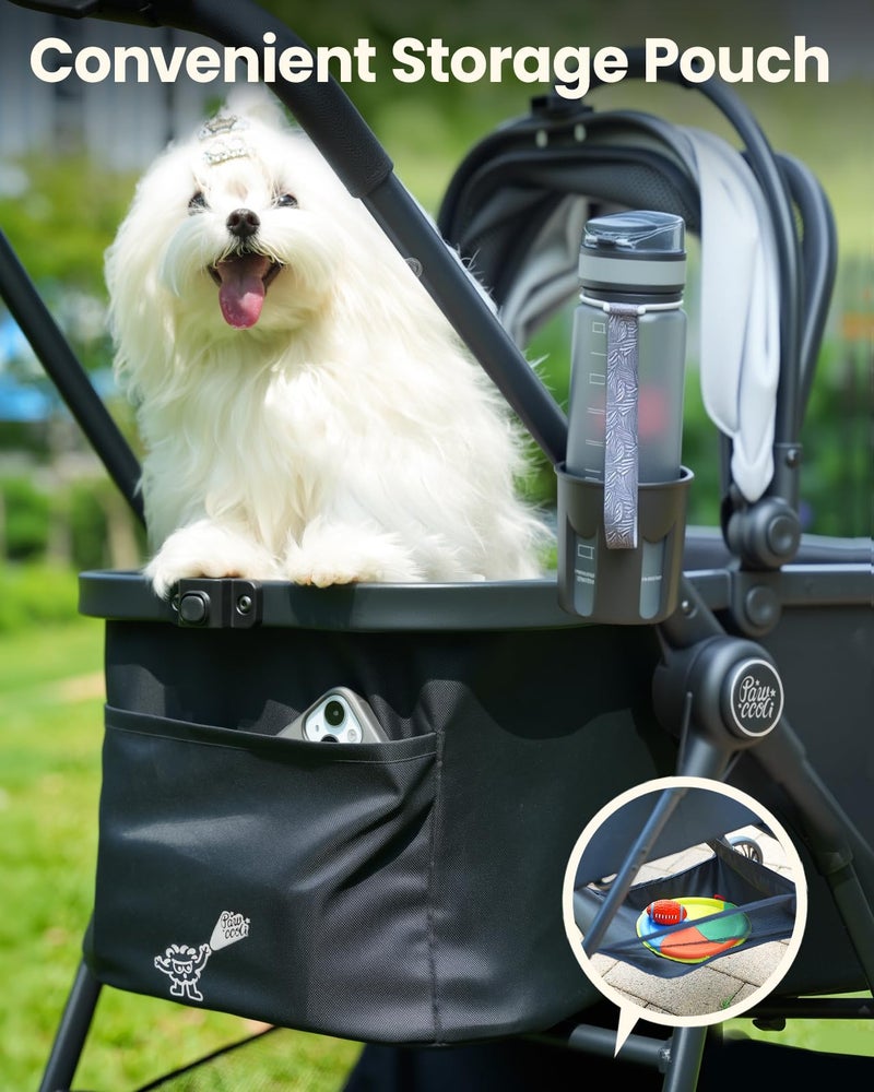 Pawccoli Pet Stroller for Small Dogs and Cats, One-Click Foldable Dog Stroller with Detachable Carrier & 3 Safety Tethers, Holds up to 33 lbs, Storage Basket & Cup Holder, Breathable Mesh, Black - Image 5