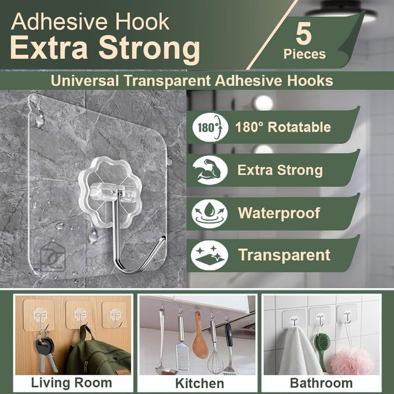 DALUCI Self Adhesive Wall Hooks - 5 Pcs Heavy Duty 10 KG Wall Hooks for Hanging | Nail Free Sticky Hooks for Wall Heavy Items, No Drill, Reusable Transparent Wall Hanger Hook (Flower Hook, 5) - Image 2