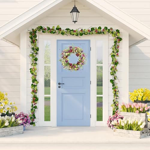 AMF0RESJ Artificial Spring Wreaths for Front Door Pansy Wreath Summer Wreath with Colorful Pansy,Berry,Daisy for Front Door Indoor Outdoor Farmhouse Home Wall Window Festival Decoration - Image 2