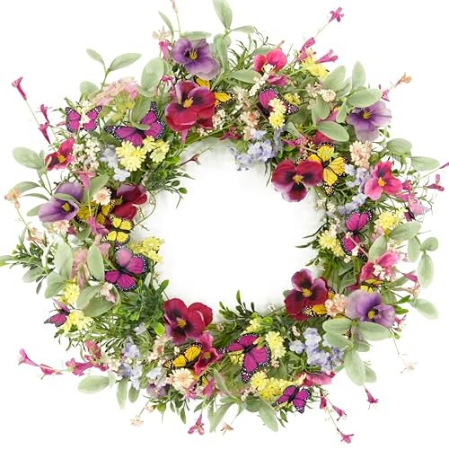 AMF0RESJ Artificial Spring Wreaths for Front Door Pansy Wreath Summer Wreath with Colorful Pansy,Berry,Daisy for Front Door Indoor Outdoor Farmhouse Home Wall Window Festival Decoration - Image 1