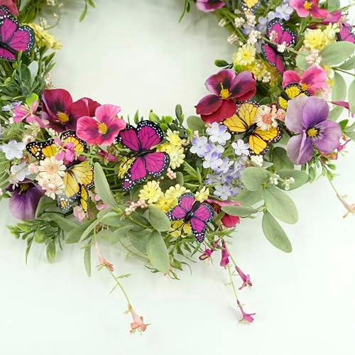 AMF0RESJ Artificial Spring Wreaths for Front Door Pansy Wreath Summer Wreath with Colorful Pansy,Berry,Daisy for Front Door Indoor Outdoor Farmhouse Home Wall Window Festival Decoration - Image 3