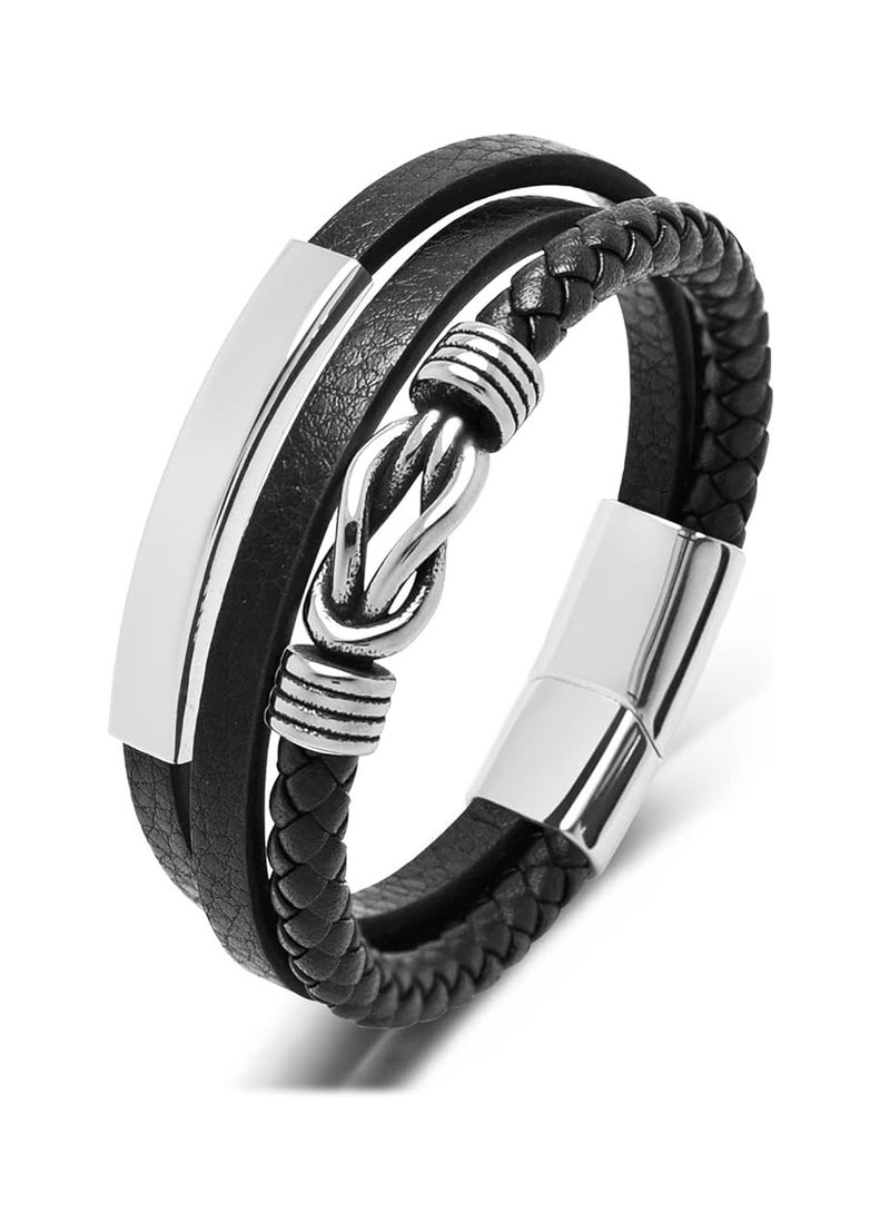 Oasisgalore Stainless Steel Leather Bracelet for Men, Wristband Cuff Bangle, Gift for Teen Boys, 7.5-8.3 Inches.  - Image 1