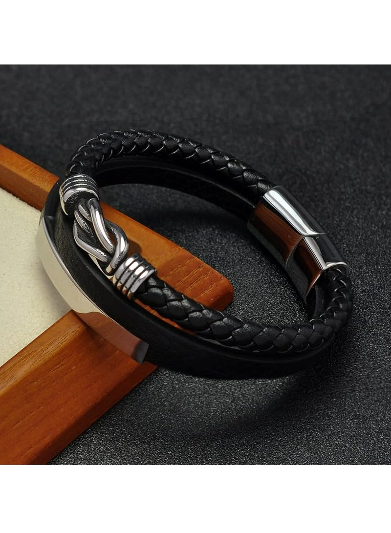 Oasisgalore Stainless Steel Leather Bracelet for Men, Wristband Cuff Bangle, Gift for Teen Boys, 7.5-8.3 Inches.  - Image 2