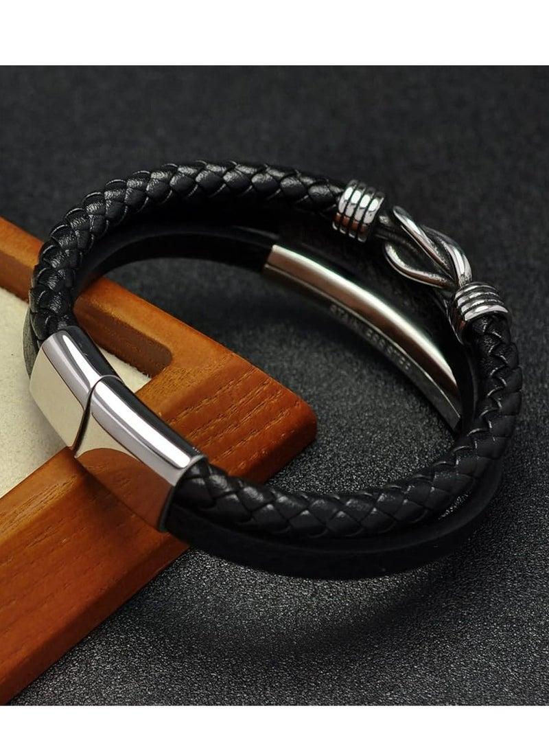 Oasisgalore Stainless Steel Leather Bracelet for Men, Wristband Cuff Bangle, Gift for Teen Boys, 7.5-8.3 Inches.  - Image 3
